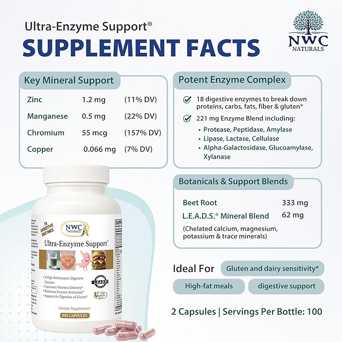 NWC Naturals Ultra-Enzyme Support, Natural Digestive Supplement, Promotes Optimal Health and Digestion, 200 count Capsules
