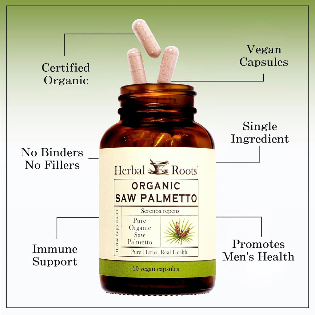 Herbal Roots Organic Saw Palmetto Capsules | 1,000mg per Serving | 60 Organic Vegan Capsules