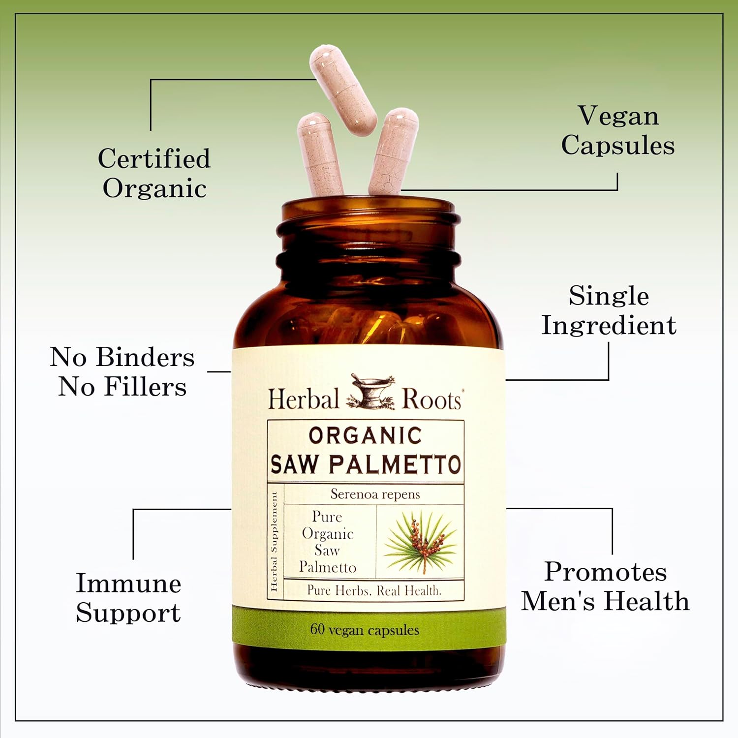 Herbal Roots Organic Saw Palmetto Capsules | 1,000mg per Serving | 60 Organic Vegan Capsules