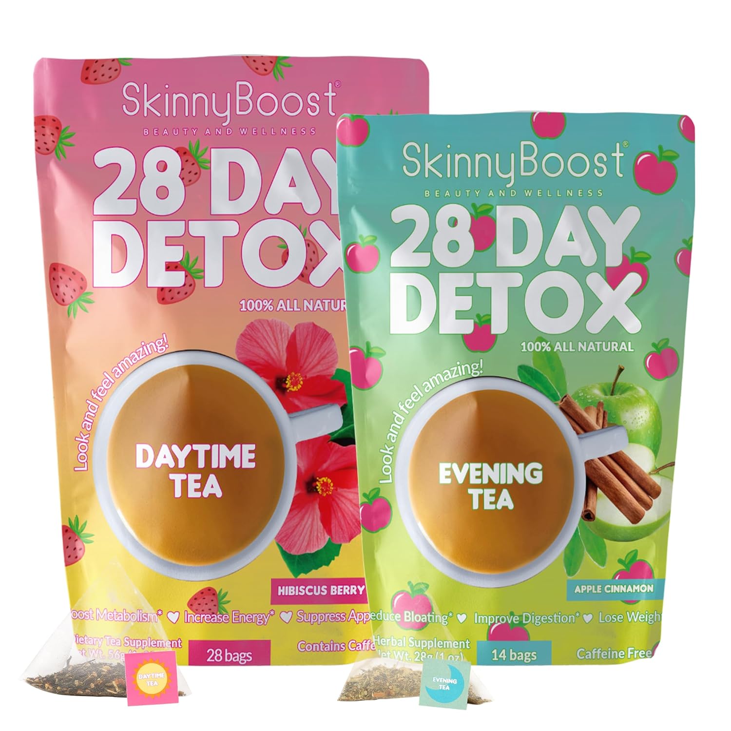 Skinny Boost Detox Tea Kit- 2 PACK –1 Daytime HIBISCUS (28 Bags) + 1 Evening APPLE CINNAMON-(14 Bags) – Herbal Detox for Energy, Bloating & Colon Cleanse – Green Tea, Vegan, Keto, Non-GMO, Sugar-Free