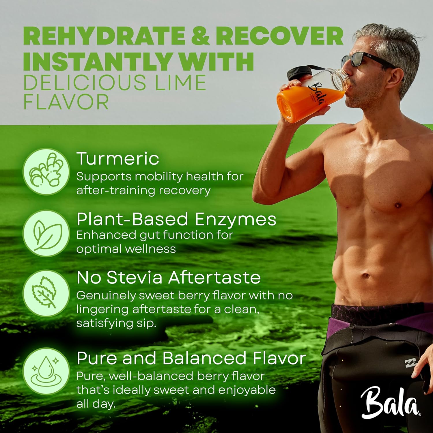 BALA Enzyme Hydration & Sugar-Free Drink Mix Powder - May contributes to Overall Wellness - Lime 0.25oz (30 Count)