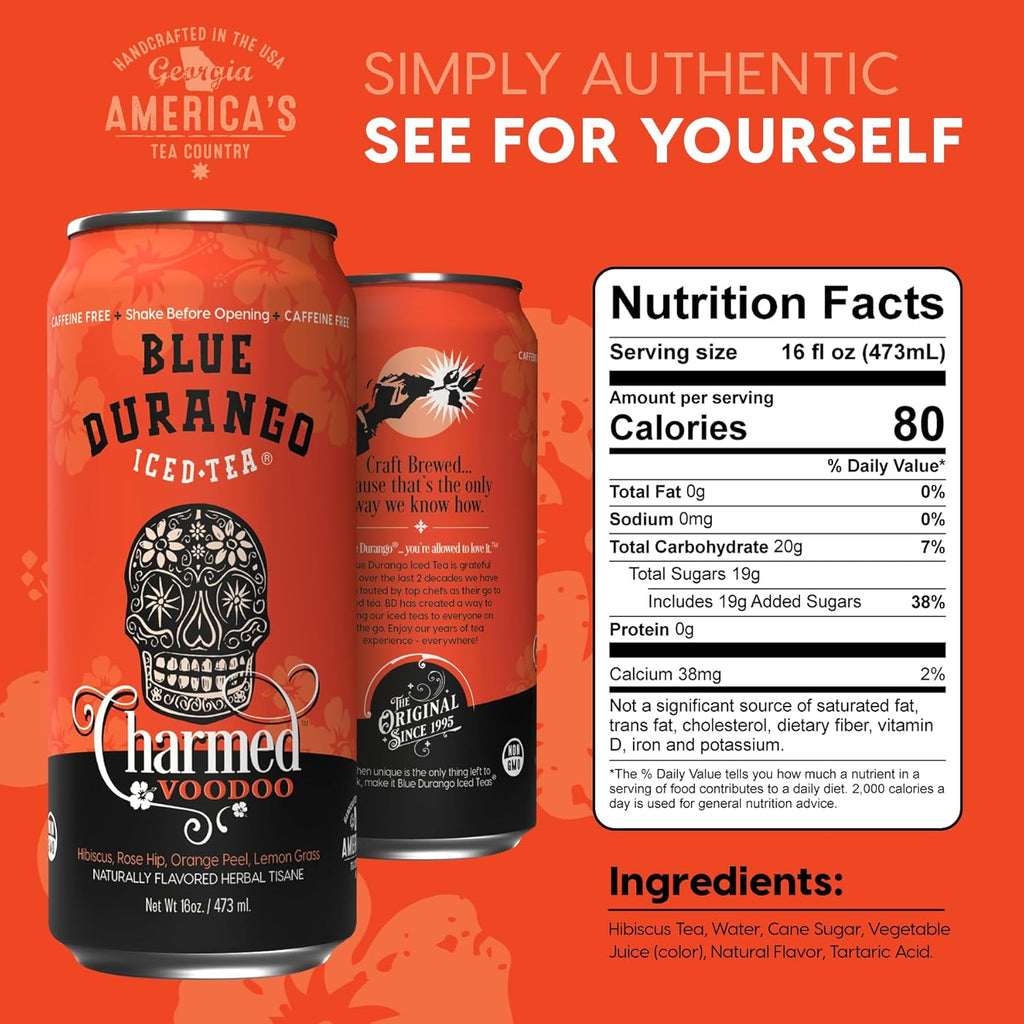 Blue Durango Iced Tea - Charmed Voodoo - Hibiscus Tea, Rose Hip, Orange Peel, & Lemongrass - Low Sugar, Non-GMO, No Artificial Sweeteners, Gluten-Free - Herbal Tisane Ice Drinks - 16 oz (12 Pack)