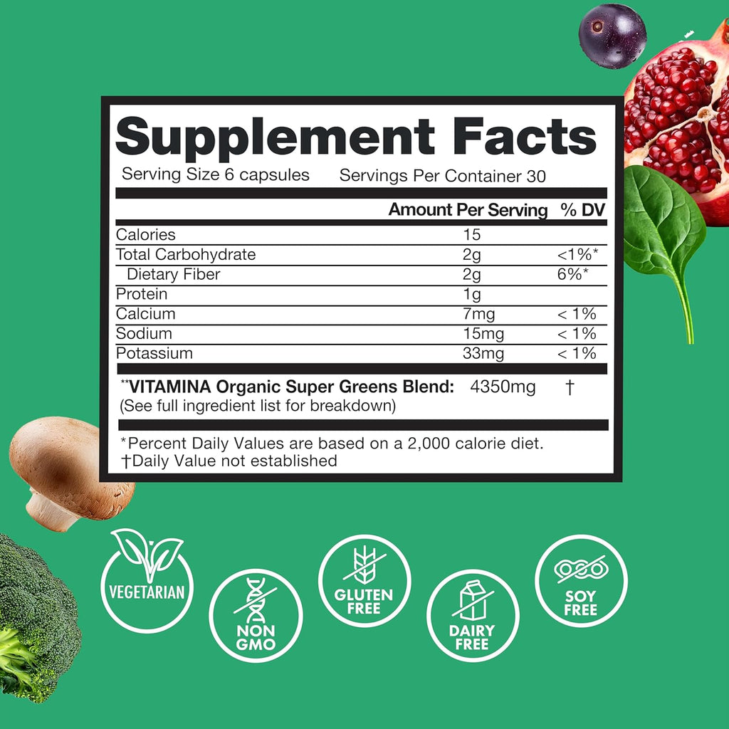Zena Nutrition Organic Super Greens Fruit & Veggies Supplement, 70+ Superfoods from Fruit & Vegetables, Spirulina, Chlorella, Prebiotics & Probiotics, Digestive Enzymes for Gut Health, 180 Capsules