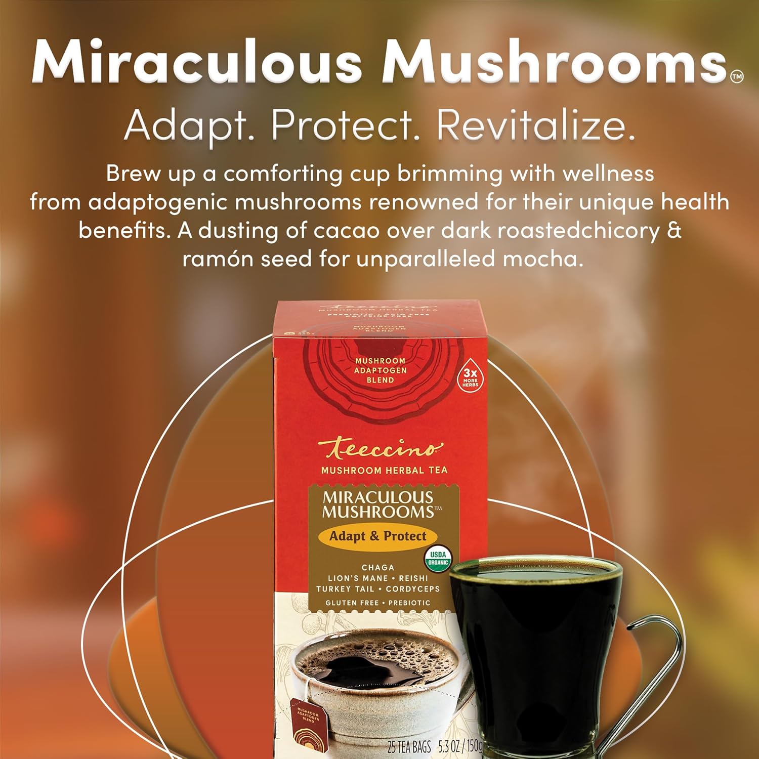 Teeccino Miraculous Mushrooms Adapt & Protect Herbal Tea By Teeccino, 25 Tea Bags - Five Organic Adaptogenic Mushrooms with Chicory & Cacao, 3x More Herbs than Regular Tea Bags, Caffeine Free, Prebiotic