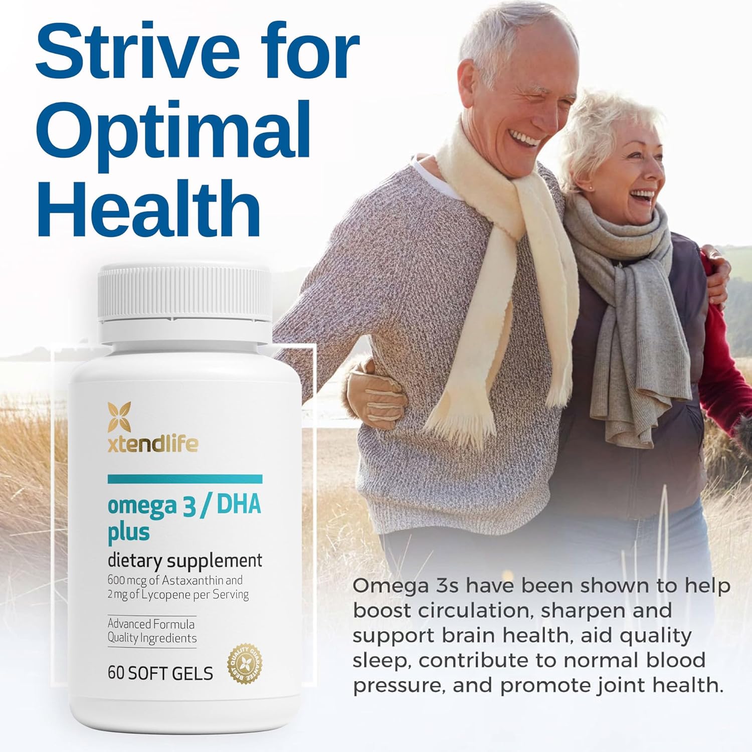Xtendlife Omega 3 DHA Plus Fish Oil Supplement - 1100mg Omega-3 with DHA and EPA - Includes Lycopene and Astaxanthin to Support Heart, Brain, Eye, and Skin - 1 Month Supply (60 Count)