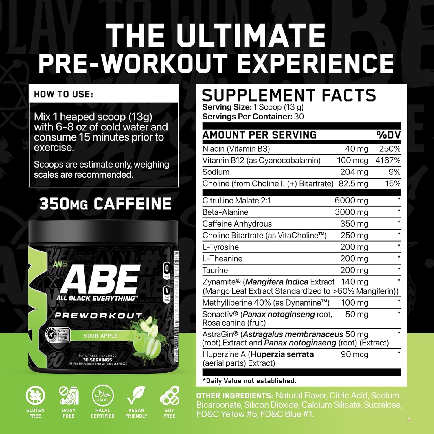 All Black Everything Pre Workout Powder | 30 Servings | Sour Apple | 350mg Caffeine | Nootropic Pre-Workout Blend | Beta Alanine + Citrulline | Energy Supplement for Men and Women