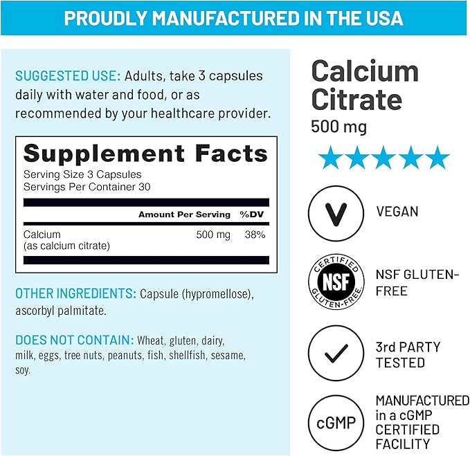 NatureWise Calcium Citrate 500mg Capsules - Supplement for Bone Health - Easy to Digest & Absorb - Vegan, Non-GMO, Gluten-Free - 90 Count[30-Day Supply]