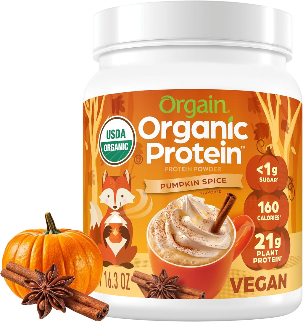 Orgain Organic Vegan Protein Powder, Pumpkin Spice Seasonal Flavor - 21g of Plant Protein, 5g Prebiotic Fiber, No Lactose Ingredients, No Added Sugar, Non-GMO, For Shakes & Smoothies, 1.02 lb