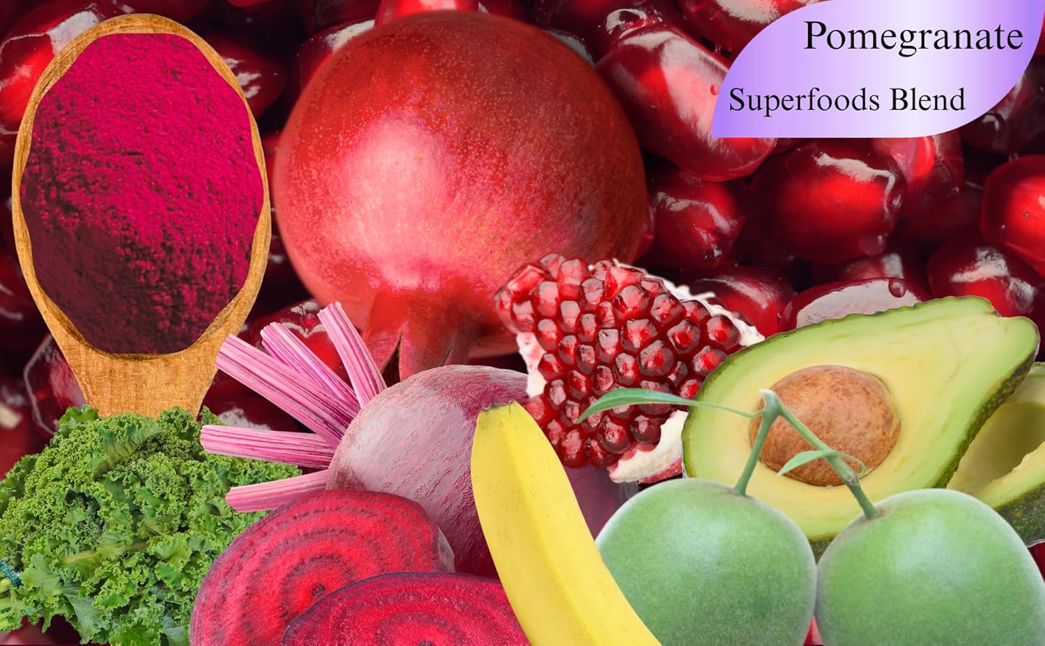 Pomegranate Superblend 100% Freeze Dried Powder Juice, Pomegranate, Avocado, Kale, Beets, Banana, Monk Fruit, No Sugar added.