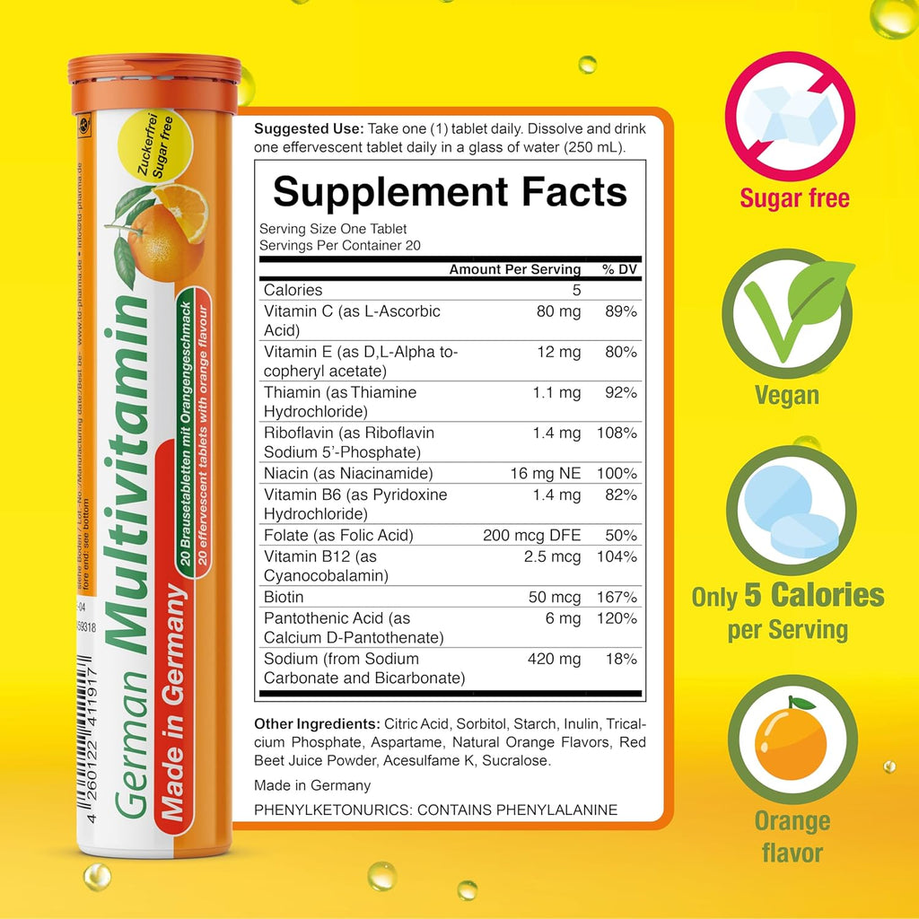T&D German Multivitamin Drink Effervescnet Tablets 60 Servings Orange Flavour - Vitamin C, E, B1, B2, B6, B12, Biotin, Folic Acid, Niacin, Pantothenic Acid Pharma – Made in Germany