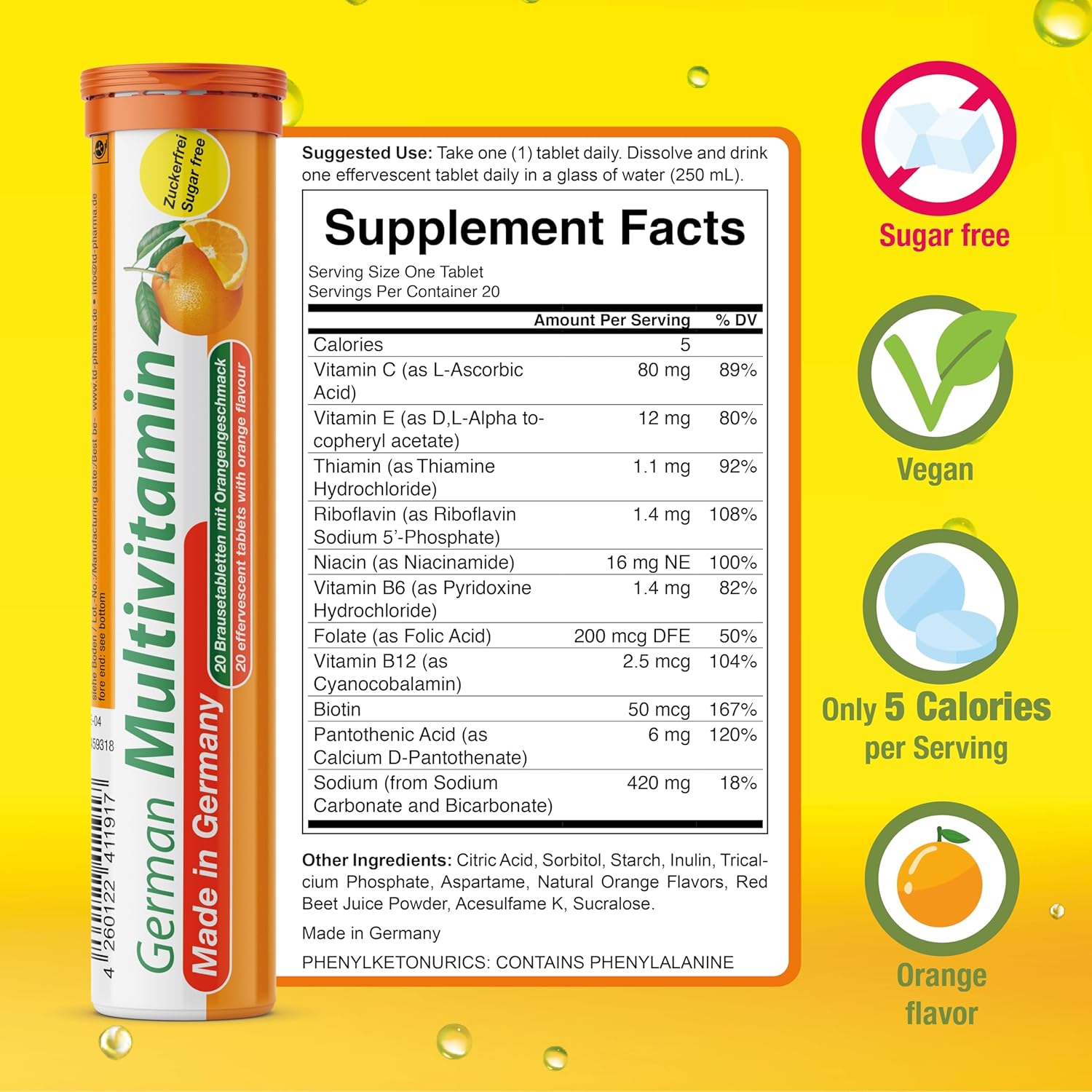 T&D German Multivitamin Drink Effervescnet Tablets 60 Servings Orange Flavour - Vitamin C, E, B1, B2, B6, B12, Biotin, Folic Acid, Niacin, Pantothenic Acid Pharma – Made in Germany