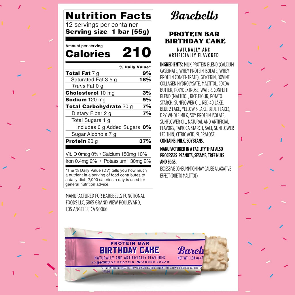 Barebells Protein Bars Birthday Cake - 12 Count, 20g High Protein Treats - Chocolate Nutrition Bar with 1g Total Sugars - On-The-Go Breakfast or Post-Workout Snack