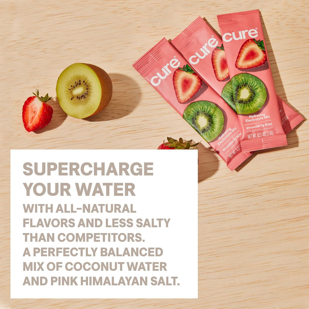 Cure Hydration | Plant-Based Electrolyte Drink Mix | No Added Sugar | FSA-HSA | Dehydration Relief Powder Made with Coconut Water | Non-GMO | Vegan | 28 Servings Jar - Strawberry Kiwi