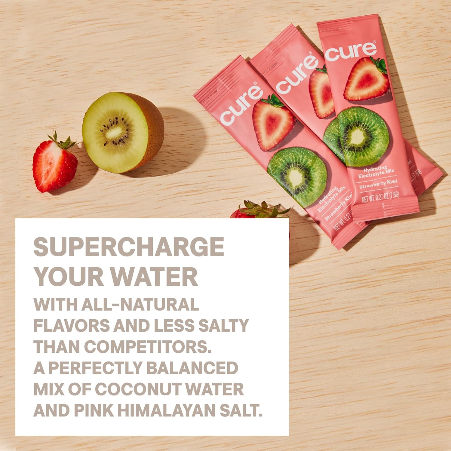 Cure Hydration | Plant-Based Electrolyte Drink Mix | No Added Sugar | FSA-HSA | Dehydration Relief Powder Made with Coconut Water | Non-GMO | Vegan | Pouch of 14 Packets - Strawberry Kiwi
