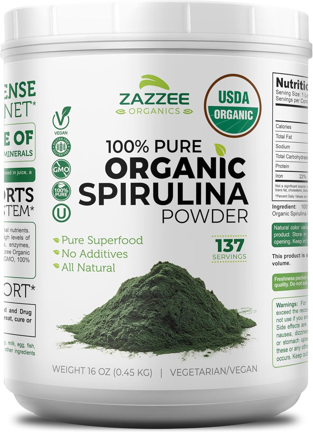 Zazzee Organic Spirulina Powder, 16 Ounces (1 LB), USDA Certified, 137 Servings, 100% Pure, Kosher, Non-Irradiated, Mess-Free Wide Mouth Container, Fresh Smell and Neutral Taste, Non-GMO, Gluten-Free