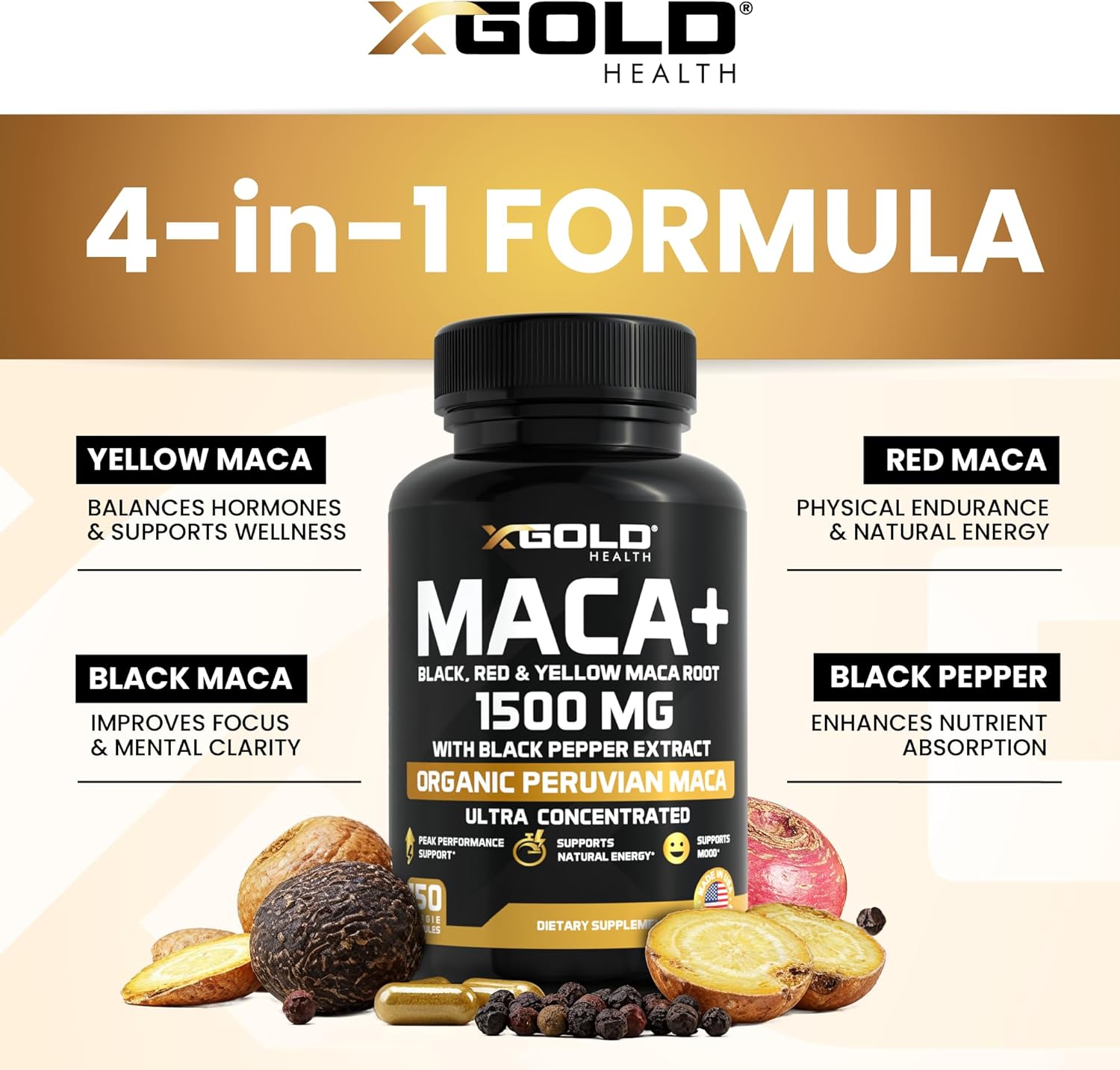 X Gold Health Organic Maca Root Powder Capsules 1500mg with Black | Red & Yellow Peruvian Maca Root Extract Gelatinized, Energy & Mood Supplement for Men & Women + Black Pepper for Best Benefits