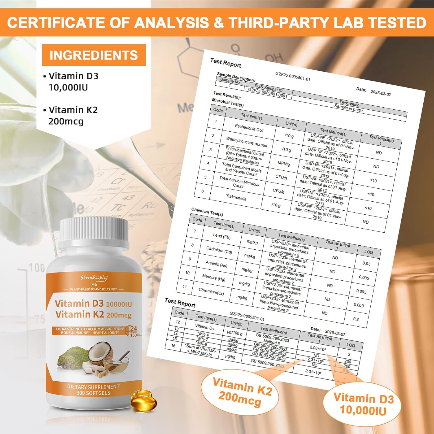 K2 D3 Vitamin Supplement, Vitamin D-3 & K-2 MK-7, 10,000 IU/200 mcg, with Virgin Non-GMO Coconut MCT Oil | 300 Vegan Softgels | Bone Health, Immune Support