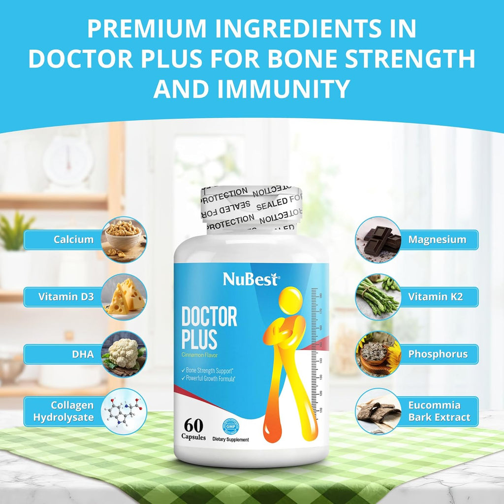 NuBest Doctor Plus - Bone Health Formula - Supports Bone Strength, Overall Growth Pills with Calcium, Vitamins D3, Vitamin K2 (MK7) - Immunity and Overall Health for Children (10+) and Teens - 6 Pack