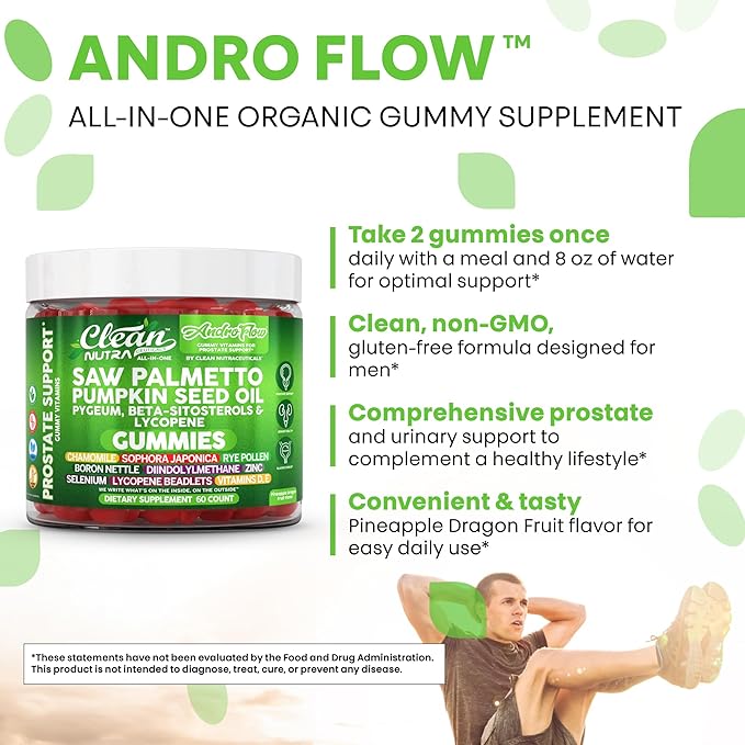 AndroFlow Saw Palmetto and Pumpkin Seed Oil Prostate Health Supplements for Men Pygeum Beta Sitosterol Lycopene Boron Zinc Selenium DIM Stinging Nettle Vitamin D, 60 Gummy Supplements by Clean Nutra