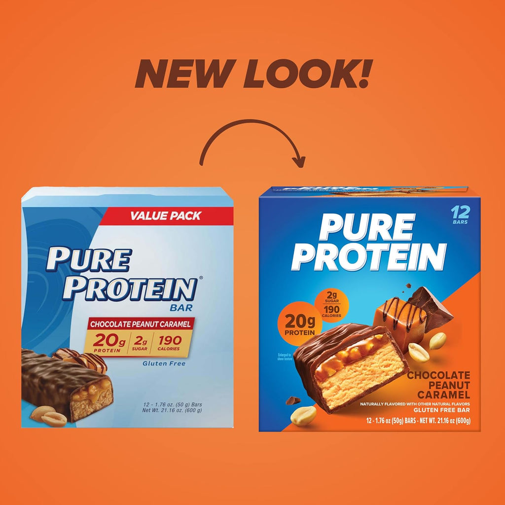 Pure Protein Bars, High Protein, Nutritious Snacks to Support Energy, Low Sugar, Gluten Free, Chocolate Peanut Caramel, 1.76oz, 12 Count (Pack of 1) (Packaging May Vary)