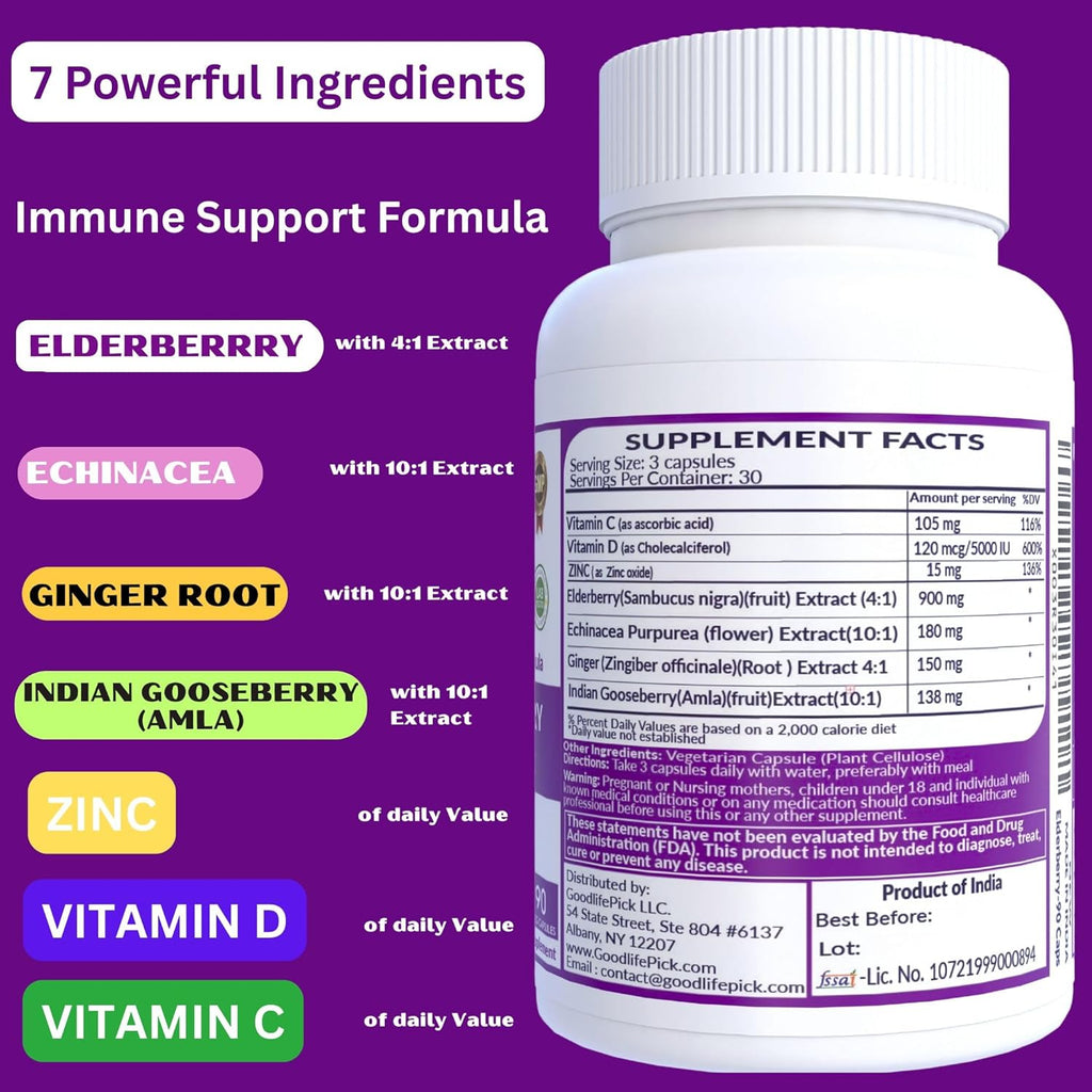 7 in 1 Elderberry with ZINC, Vitamin C, Vitamin D, Echinacea, Ginger & Indian Gooseberry (Amla).Premium Elderberry Capsules 90 ct, All Natural,Non-GMO,Vegan,No Rice Powder, No-Gluten