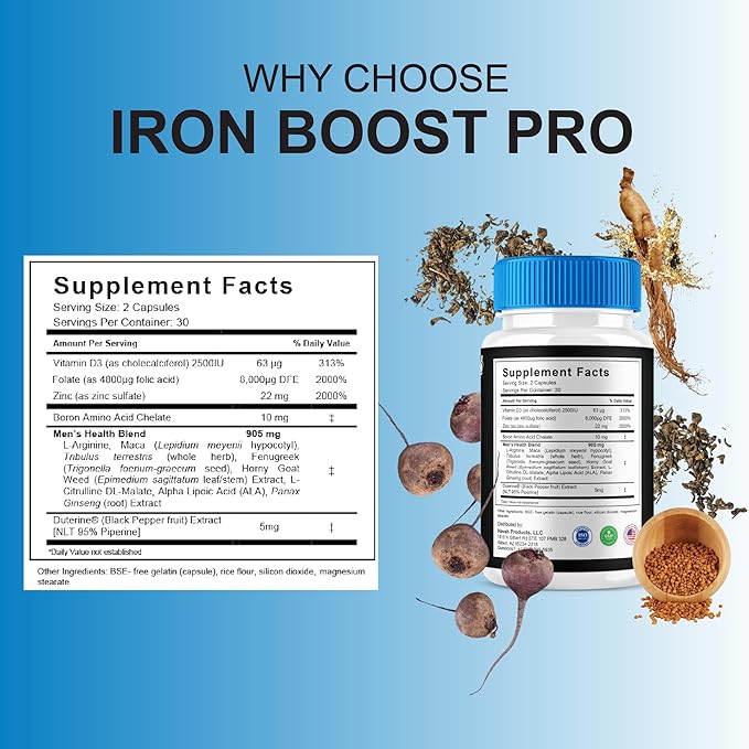 Iron Boost Pro Premium Performance Capsules, Iron Boost Advanced Health Supplement Pills, Iron Boost Premium Daily Health Support and Overall Wellness Formula by Blue Vibe (2 Pack - 120 Capsules)