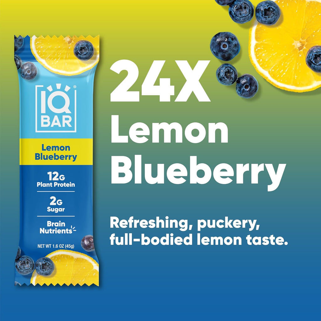 IQBAR Brain and Body Plant Protein Bars - Lemon Blueberry - 24-Count - Keto, Vegan, Low Carb, High Fiber, Gluten Free, Dairy Free, Low Sugar Snack with Nutrients for Focus, Energy, Meal Replacement
