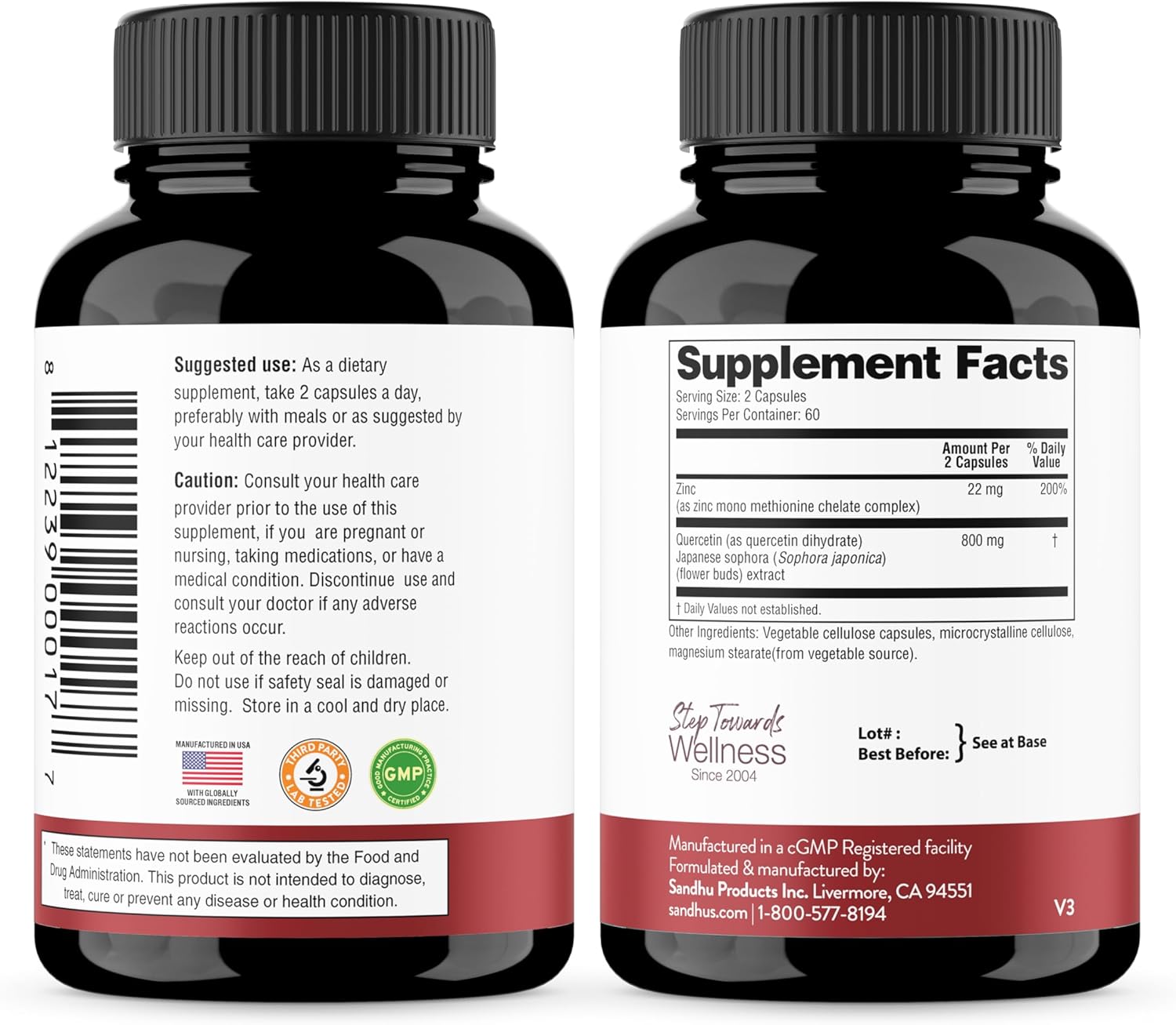 Sandhu's Zinc Quercetin 120 Vegetarian Capsules (Pack of 1) | Zinc Supplements for Antioxidant Immune Support for Men and Women | Gluten, Soy, Dairy Free