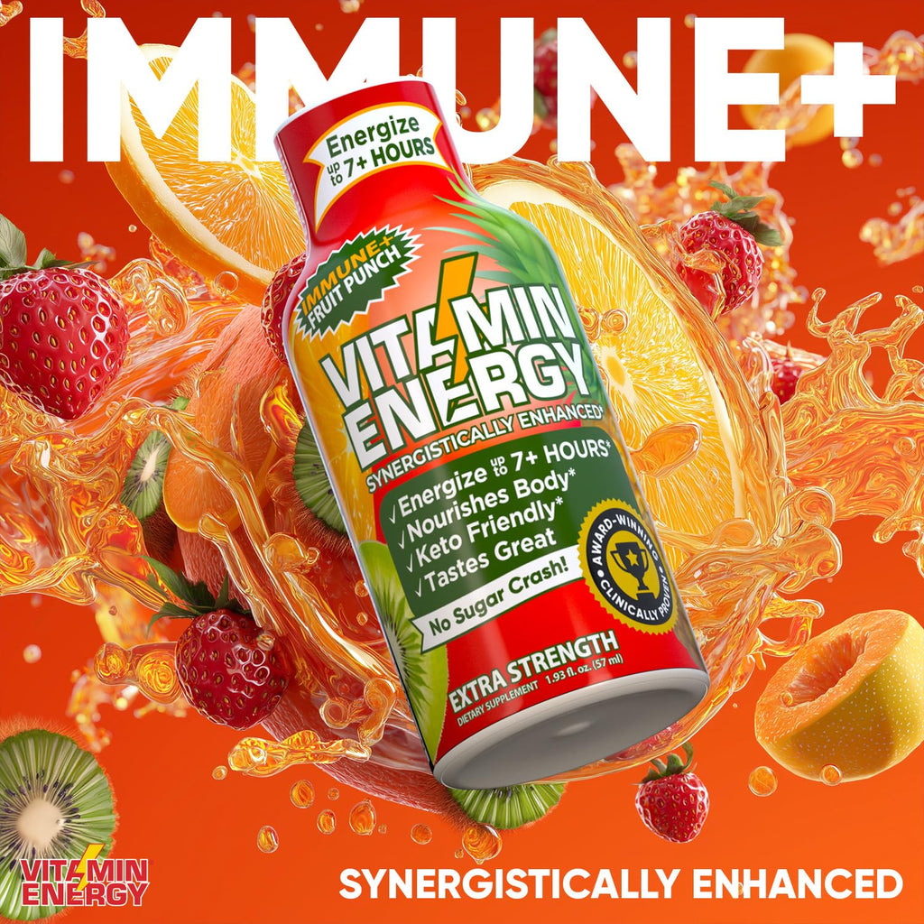 Vitamin Energy Immune+ Extra Strength Energy Shot Fruit Punch 12 Pack, 260mg Natural Caffeine, B-Vitamins, Citicoline, Green Tea, Immunity & Focus Support, Zero Sugar, Gluten-Free 1.93 fl oz