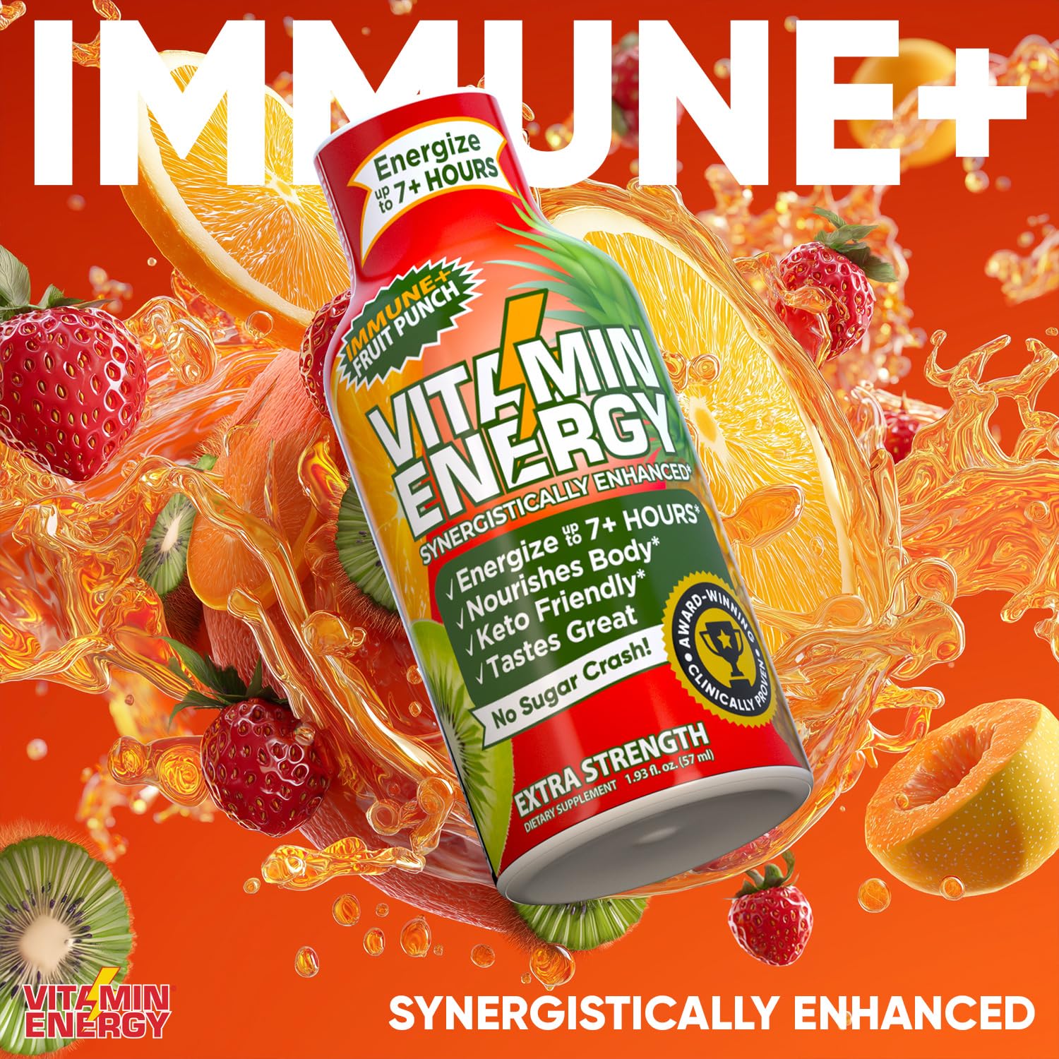 Vitamin Energy Immune+ Extra Strength Energy Shot Fruit Punch 12 Pack, 260mg Natural Caffeine, B-Vitamins, Citicoline, Green Tea, Immunity & Focus Support, Zero Sugar, Gluten-Free 1.93 fl oz
