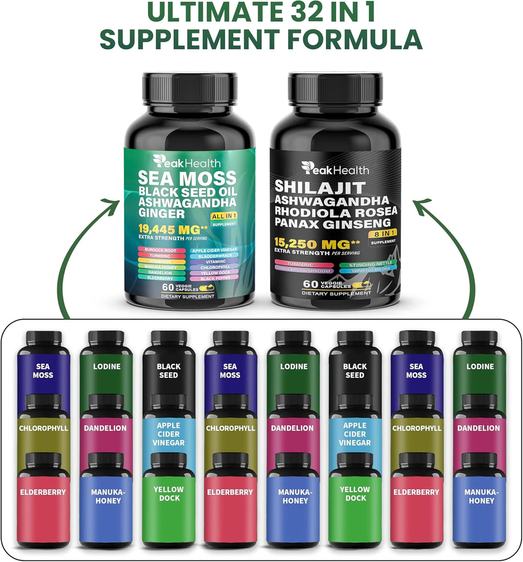 Shilajit Sea Moss Black Seed Oil Ashwagandha Capsules for Man Woman,2 Bottle Combo with Turmeric, Panax Ginseng, Rhodiola,19,445mg Herbal Formula,Energy & Immune Support, 60 Capsules,Easy to Swallow