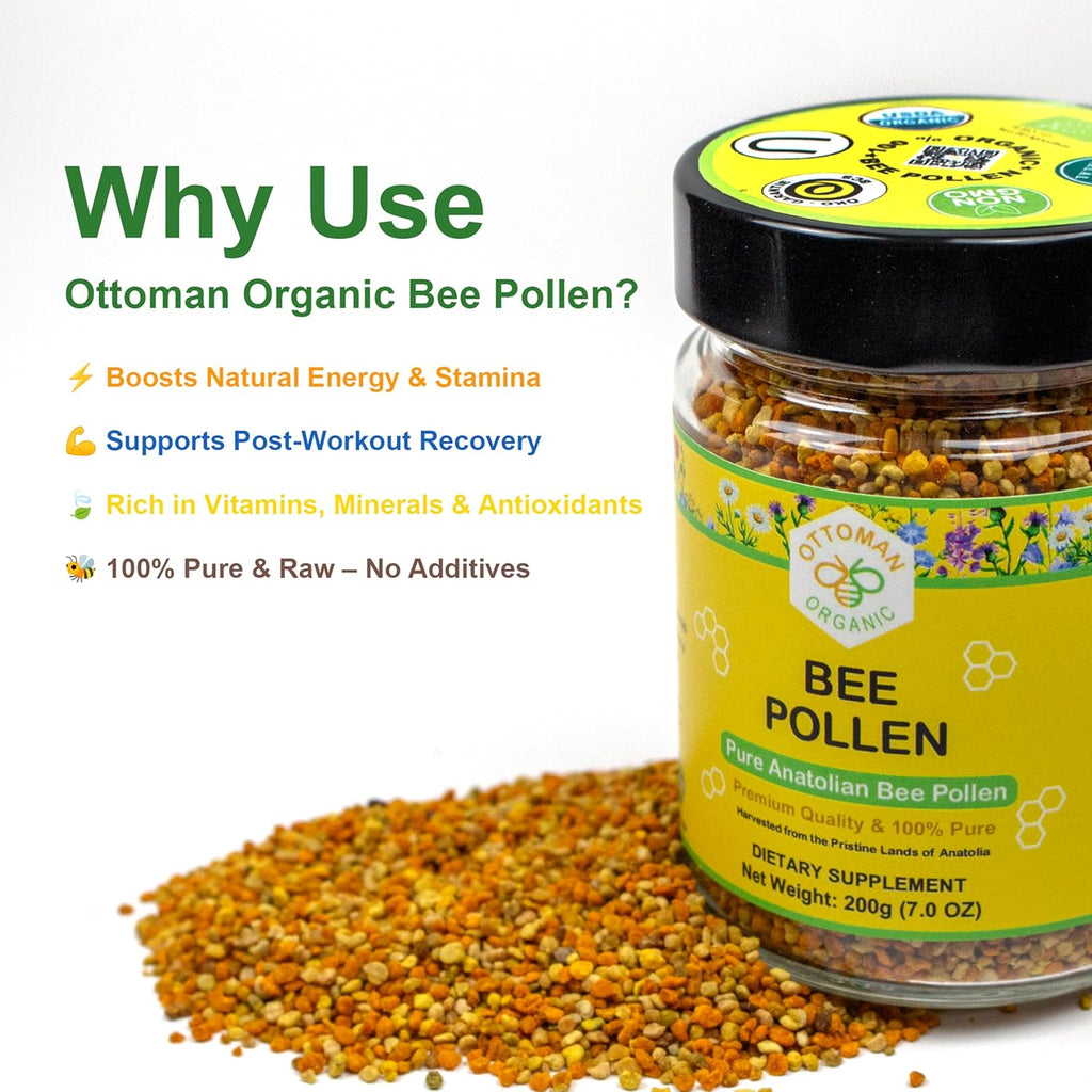 Organic Bee Pollen - USDA & EU Organic Certified, Halal, ISO 22000 & GMP | 100% Pure Superfood for Immune Support, Rich in Vitamins & Minerals | Non-GMO, Additive-Free | 200g (7.05 oz)