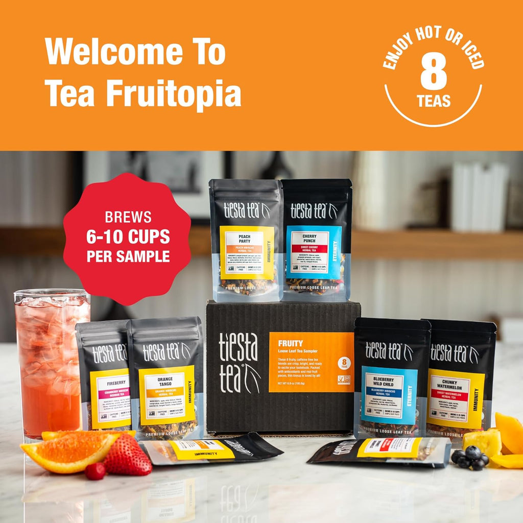 Tiesta Tea - Fruity Tea Sampler Dry Flight Set, Loose Leaf, No Caffeine, Makes Hot and Iced, Assorted Fruit Brews with Mango, Peach, Orange Drinks & More, 8 Resealable Sample Pouches