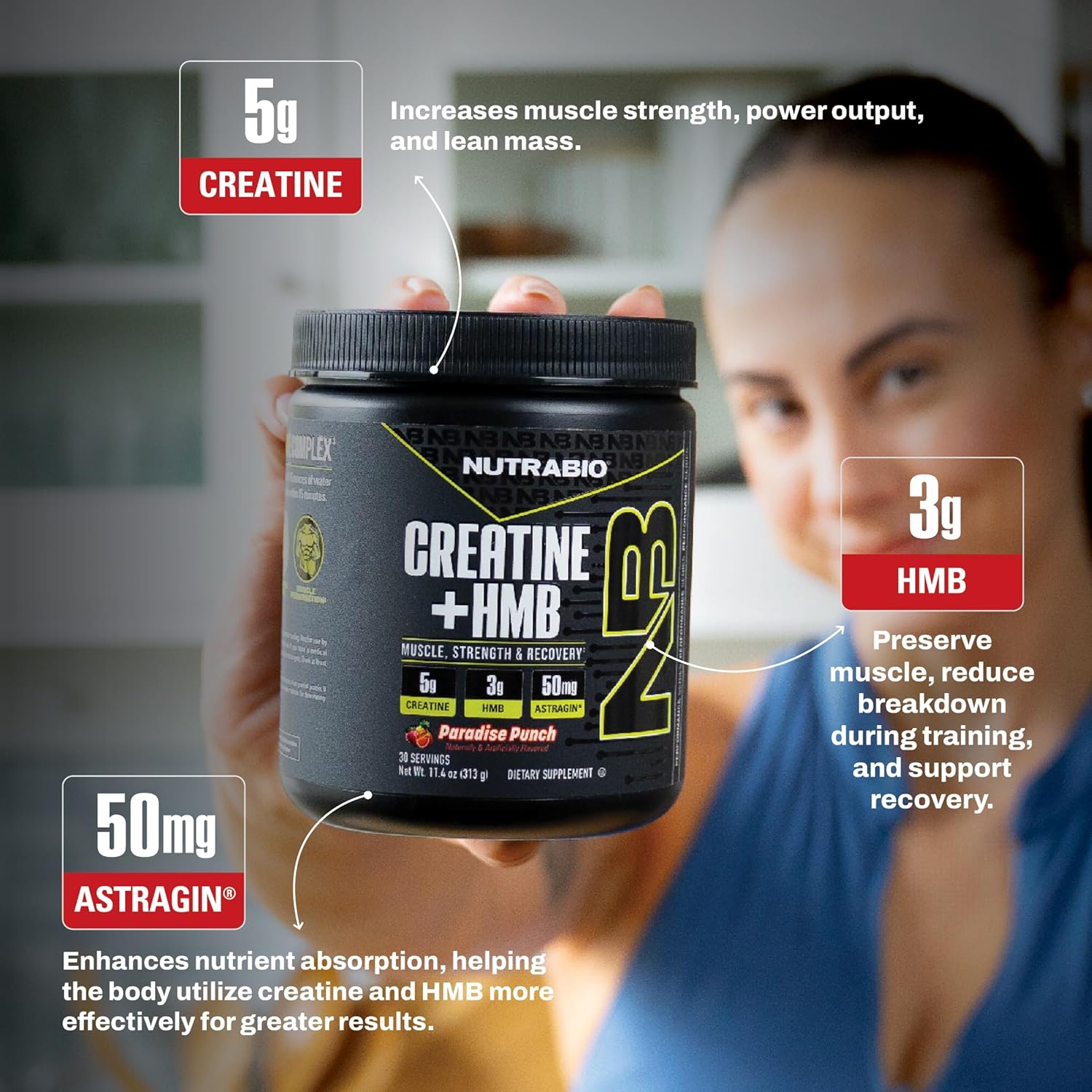 NutraBio Creatine + HMB- Creatine Monohydrate with HMB Powder for Muscle Growth, Increased Strength- 30 Servings (Paradise Punch)