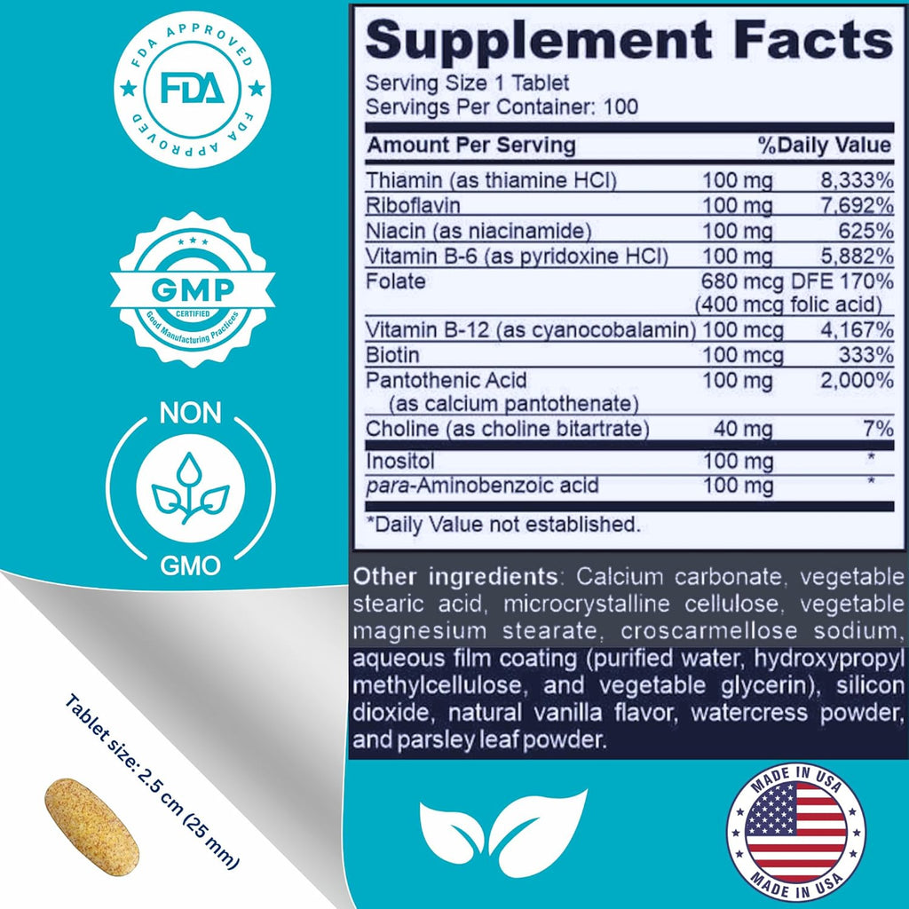 Super B-100 Complex – All B Vitamins Including B12, B1, B2, B3, B5, B6, B7, B9, Folate – High Potency B-Vitamins with Choline, Inositol & PABA – Energy & Metabolism Support – 100 Tablets