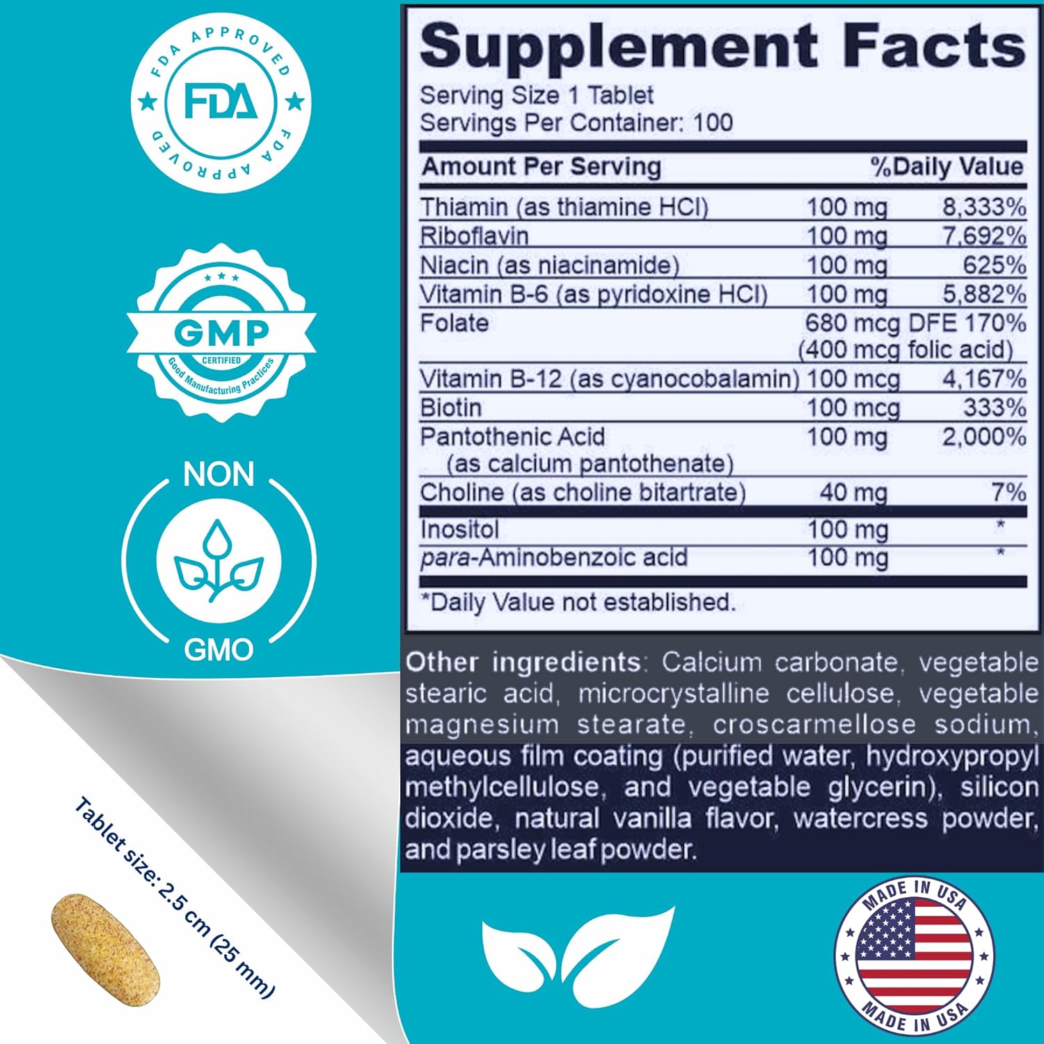 Super B-100 Complex – All B Vitamins Including B12, B1, B2, B3, B5, B6, B7, B9, Folate – High Potency B-Vitamins with Choline, Inositol & PABA – Energy & Metabolism Support – 100 Tablets