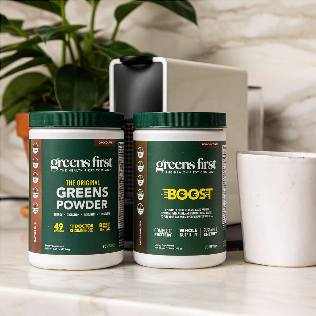 Greens First Boost - Plant-Based Protein & Balanced Nutrition - Superfood Shake Mix - No Wheat or Soy - Dairy-Free - Vegan - French Vanilla, 12.06 oz.