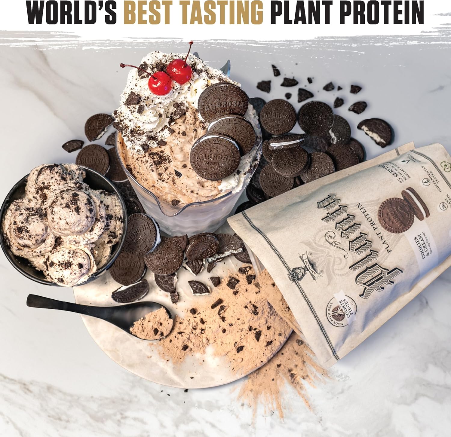 Ambrosia Planta - Premium Organic Plant-Based Protein | Vegan & Keto Friendly | Gourmet Flavors with No Bloating or Stomach Upset | Gluten & Soy Free | No Added Sugar | 25 Servings | Cookies Cream
