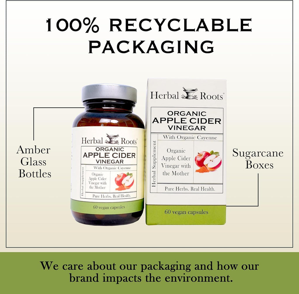 Herbal Roots Organic Apple Cider Vinegar Capsules with Mother and Organic Cayenne | 650 mg | 60 Vegan Capsules