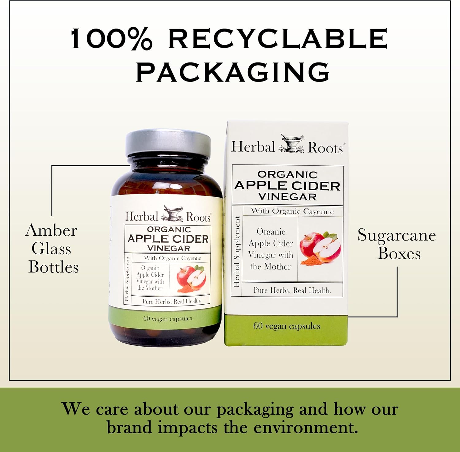 Herbal Roots Organic Apple Cider Vinegar Capsules with Mother and Organic Cayenne | 650 mg | 60 Vegan Capsules