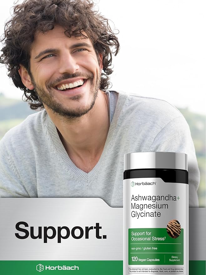 Horbäach Ashwagandha and Magnesium Glycinate | 120 Vegan Capsules | Support Supplement for Stress | Non-GMO, Gluten Free