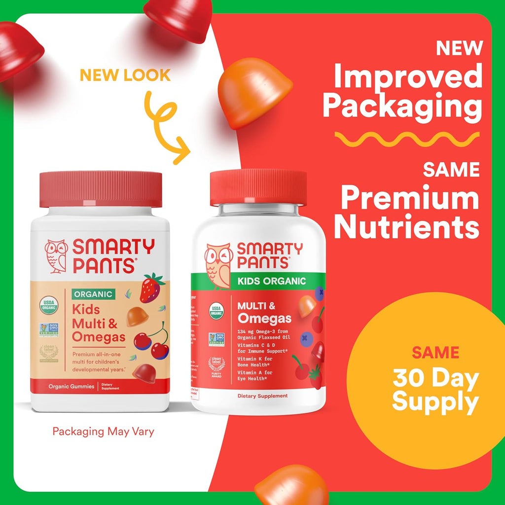 SmartyPants Organic Kids Multivitamin Gummies: Omega 3 (ALA), Vitamin D3, C, Vitamin B12, B6, A, K & Zinc for Immune Support, Biotin, Vegetarian, Three Fruit Flavors, 120 Count (30 Day Supply)