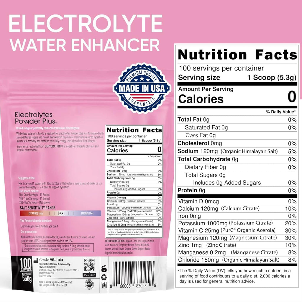 PowderVitamin Electrolytes Powder Plus (100 Servings) Raspberry Lemonade Electrolyte Powder, Zero Calorie, Keto, Zero Sugar, No Maltodextrin, 1000mg Potassium,120mg Calcium,120mg Magnesium, Hydration