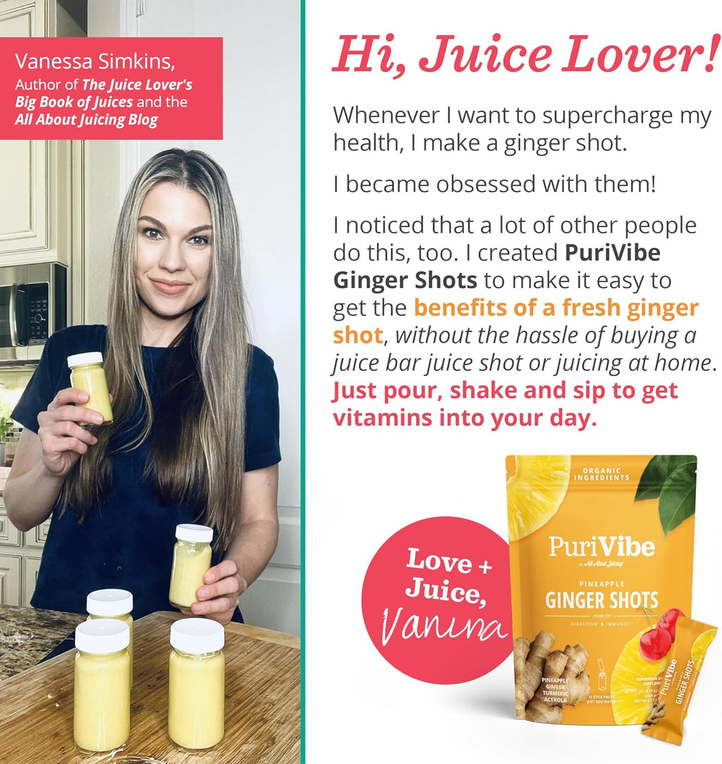 All About Juicing Ginger Shots with Pineapple & Turmeric - Superfood Juice Powder - Immunity, Digestion & Energy Support - 30 Wellness Stick Packs - PuriVibe