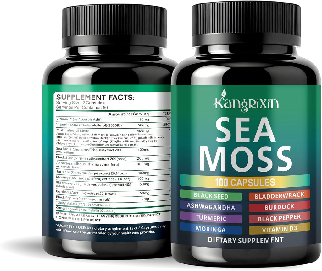 Sea Moss Capsules with Black Seed Oil, Ashwagandha for Immune System, Skin, Energy Sea Moss Supplement