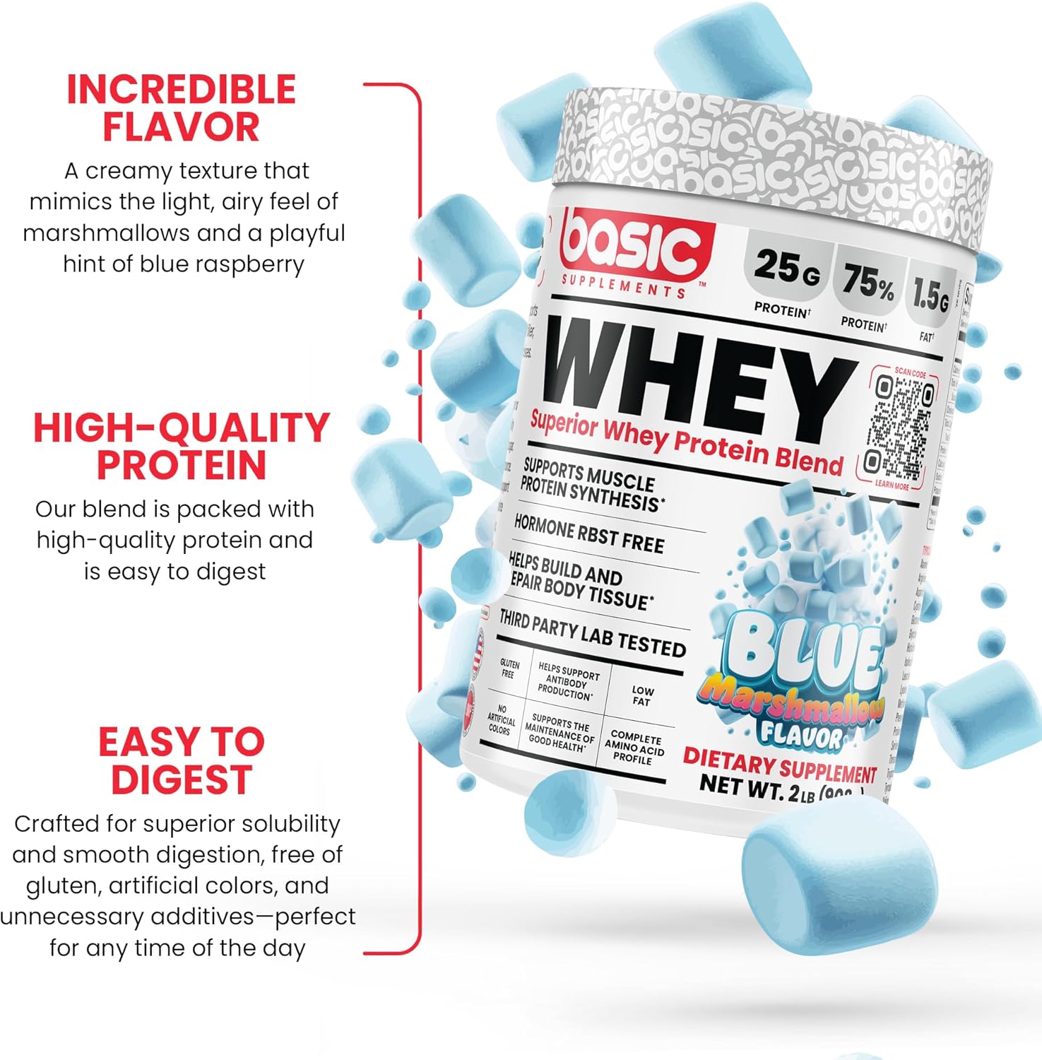 Whey Protein Powder, 25g Protein, Complete Amino Acid Profile, Gluten-Free, Low Fat, RBST-Free, Supports Muscle Recovery & Antibody Health (5 Pound, Blue Marshmallow)