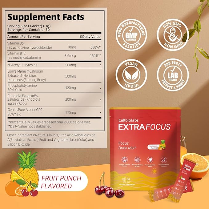 Cellbiolabs Extra Focus Drink Mix, 30 On-The-Go Stick Packs, Featuring Alpha-GPC, Lion's Mane & Rhodiola, Sugar-Free Clean Drink Mix