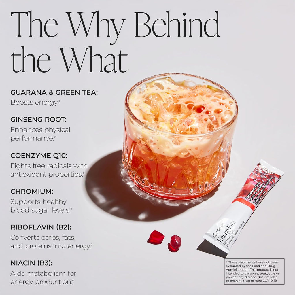 Arbonne Ginseng Energy Supplements - PomegranateFlavor Fizz Sticks, Energy Boost with Caffeine Powder from Guarana and Green Tea, Delicious Alternative to Caffeine Pills