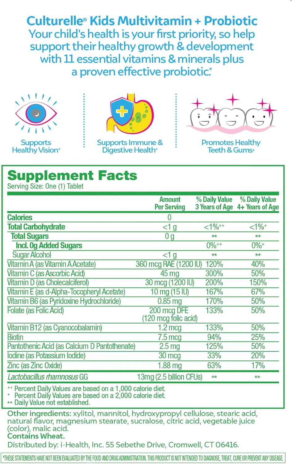 Culturelle Kids Complete Chewable Multivitamin + Probiotic For Kids, Ages 3+, 50 Count, Digestive Health, Oral Health & Immune Support - With 11 Vitamins & Minerals, including Vitamin C, D3 & Zinc
