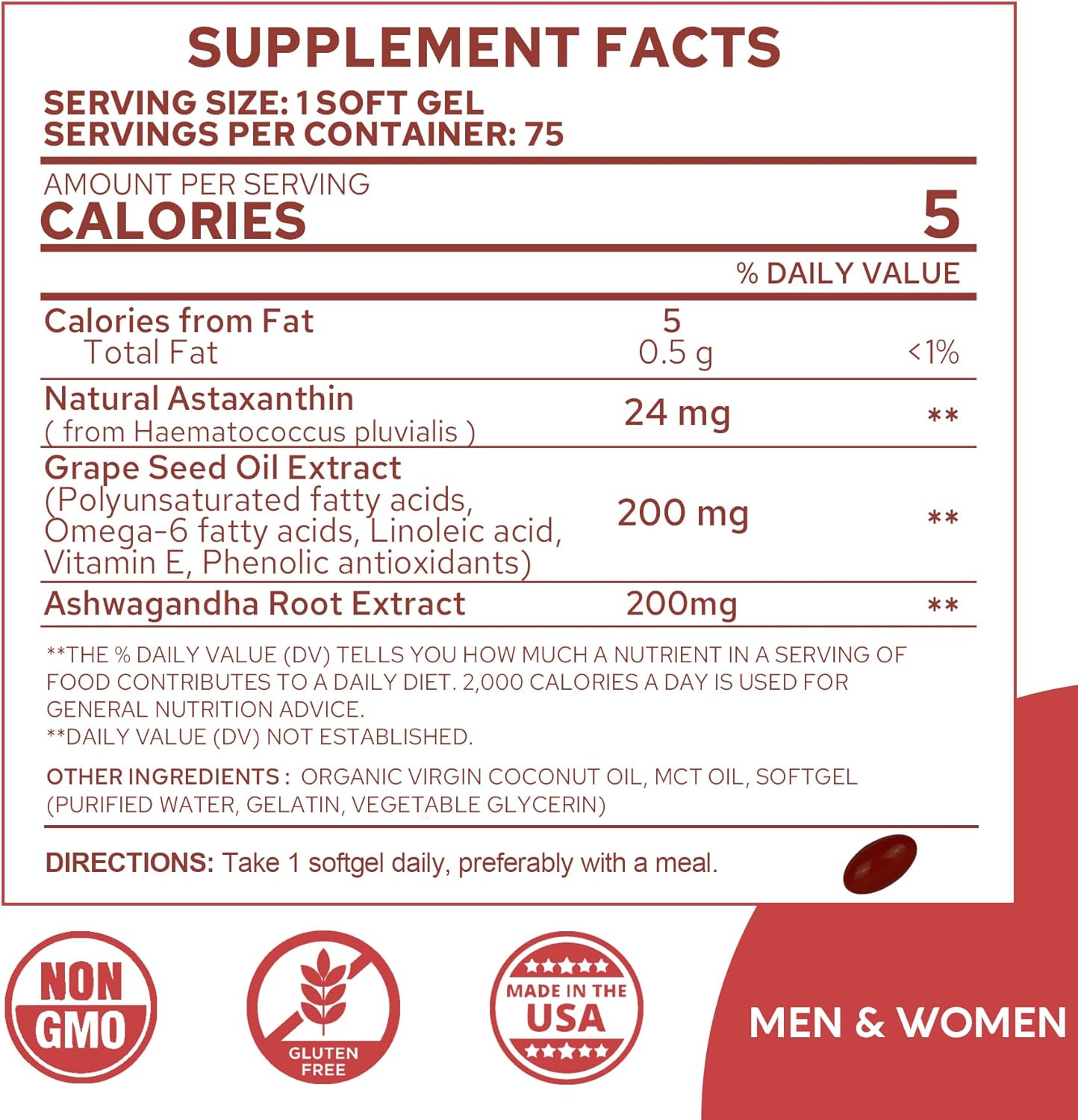 Astaxanthin Supplements 24mg, 5 Month Supply - Coconut MCT Oil, Fresh Microalgae Source w/Grape Seed Oil, Ashwagandha - Antioxidants for Healthy Skin, Eyes, Aging - Non-GMO & Gluten Free, 150 Softgels